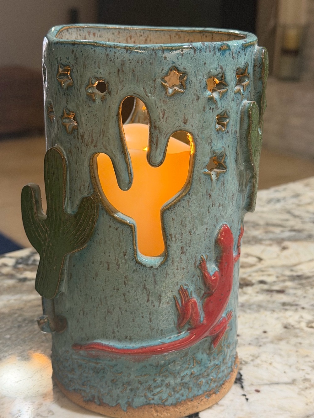 1978 Signed Studio Pottery Southwest Cactus Coyote Luminary Candle Lantern 9”